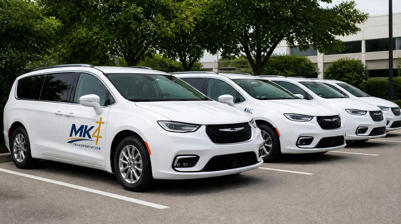 Row of clean white Chrysler Pacifica minivans in the MK4 Transportation fleet