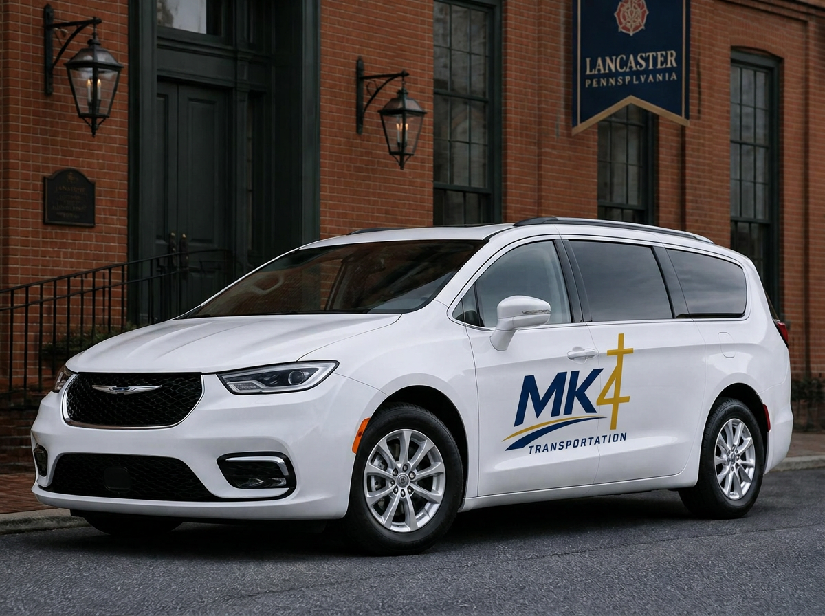 Modern white Chrysler Pacifica minivan with MK4 Transportation branding parked in front of a historic Lancaster brick building